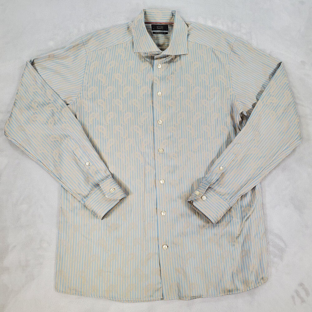 Eton Dress Shirt Men 44 17.5 Contemporary Fit Paisley Jacquard Stripe Mint Green